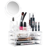Clear Cosmetic Organizer with Mirror - Easily Organize Cosmetics, Jewelry and Hair Accessories. Looks Elegant Sitting on Your Vanity, Bathroom Counter or Dresser. Clear Design for Easy Visibility.