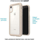 Speck Products Presidio V-Grip iPhone XR Case, Clear with Gold Glitter/Calfskin Brown (120253-7730)