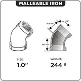 SUPPLY GIANT CNGG0100 1" 45 Degree Malleable Iron Elbow Fitting for High Pressures with Female Thread Connects and Black Finish, 1