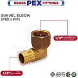 Supply Giant QGTM1212-5 PEX Barb X FIP 90 Degree Swivel Elbow Pipe Fitting, 1/2''x1/2'', Brass, Pack of 5, 1/2x1/2
