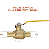 SUPPLY GIANT 405Q001-2 Full Port x PEX Barb Ball Valve Water Shut Off with Drain, 1 Inch, Brass (Pack of 2}