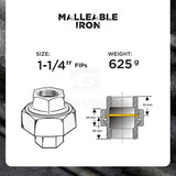 SUPPLY GIANT CNVO0336 1-1/4" Black Malleable Iron Straight Union for 150 lb Applications with Female Threaded Connects, 1-1/4