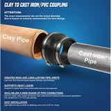 Supply Giant 6I89 Flexible Rubber Coupling with Stainless Steel Clamps, 4" Cast Iron / PVC x 4" Clay, Black