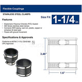 Supply Giant 6I45 Flexible Pvc Coupling with Stainless Steel Clamps, 1-1/4", Black
