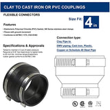 Supply Giant 6I89 Flexible Rubber Coupling with Stainless Steel Clamps, 4" Cast Iron / PVC x 4" Clay, Black
