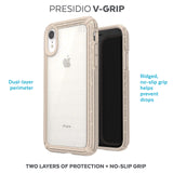 Speck Products Presidio V-Grip iPhone XR Case, Clear with Gold Glitter/Calfskin Brown (120253-7730)