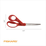 Fiskars All-Purpose Left-Handed Scissors - Ergonomically Contoured - 8" Stainless Steel - Paper and Fabric Scissors for Office, Arts, and Crafts - Red