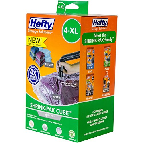 Hefty Shrink-Pak � 4 Extra Large Vacuum Seal Storage Bags � Space Saver Bags for Clothing, Pillows, Towels, or Blankets, 4 x XL Cubes