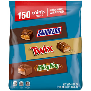 SNICKERS, TWIX, & MILKY WAY Minis Chocolate Candy Bars Variety Pack, 150 Ct Bulk Bag