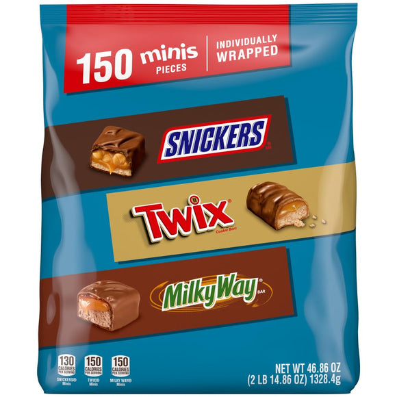 SNICKERS, TWIX, & MILKY WAY Minis Chocolate Candy Bars Variety Pack, 150 Ct Bulk Bag