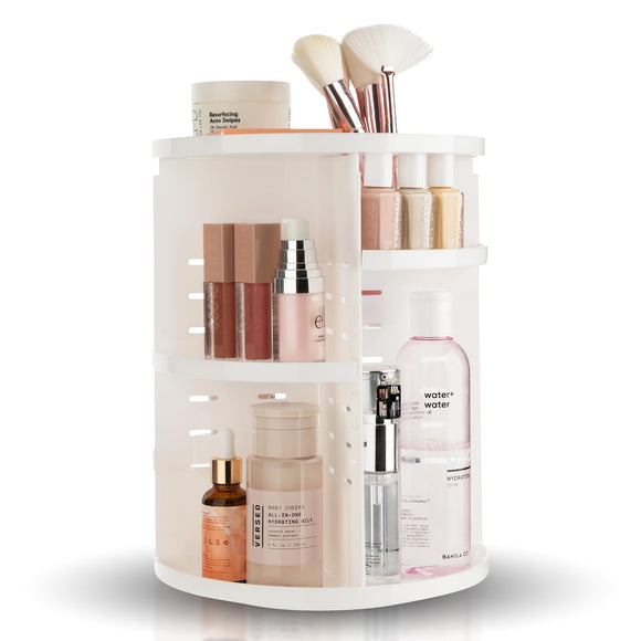 Masirs 360 Rotating Makeup Organizer - Adjustable Shelf Height and Fully Rotatable. The Perfect Cosmetic Organizer for Bedroom Dresser or Vanity Countertop. (White)