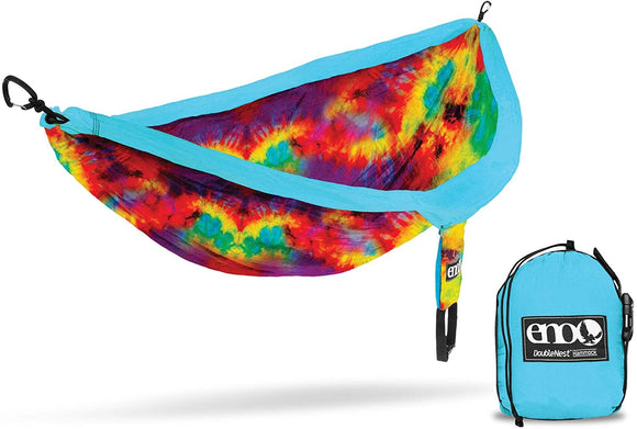 ENO Doublenest Hammock Tie Dye Soft Breathable Fabric 70 Denier High Tenacity Nylon Taffeta Fast Dry Heavy Duty Triple Stitched Compression Stuffsack Aluminium Wiregate Carabiners Weight 539 g