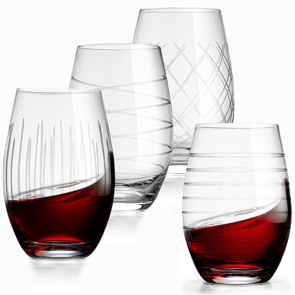 Set of 4 Etched Stemless Wine Glasses - Wine Tumbler Drinking Glass Cups - Kitchen Water Glasses Gift Cup Sets - Lowball Cocktail Glasses for Wedding Anniversary Drink