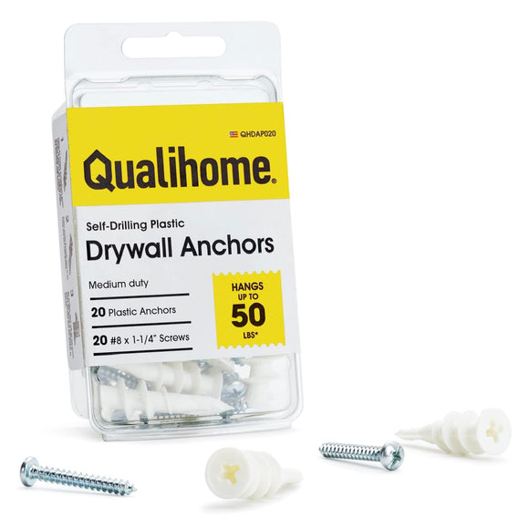 Qualihome Heavy Duty Plastic Self Drilling Drywall Anchors and Screws Kit (20 Pack)