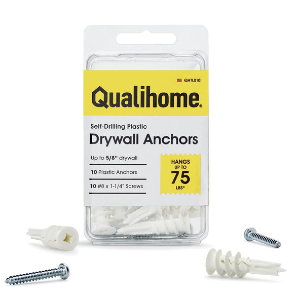 #8 Self Drilling Drywall Plastic Anchors with Screws - No Pre Drill Hole Preparation Required - 75 Lbs (10 Pack)