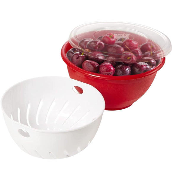 Arrow Berry Bowl and Berry Colander Set - Fruit Strainer Container with Lid, Rinse Store and Serve - Made in the USA, Dishwasher Safe, BPA Free Plastic - 1 Quart, Assorted Colors (Either Red or Green)