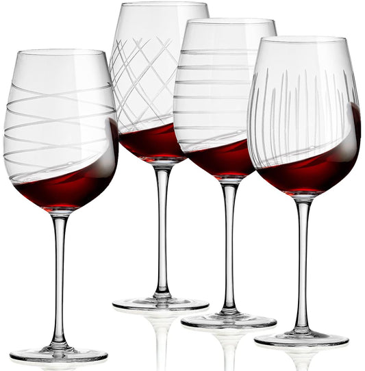 Wine Glasses Set of 4-16oz. Clear Etched Red and White Unique Long Stem Wine