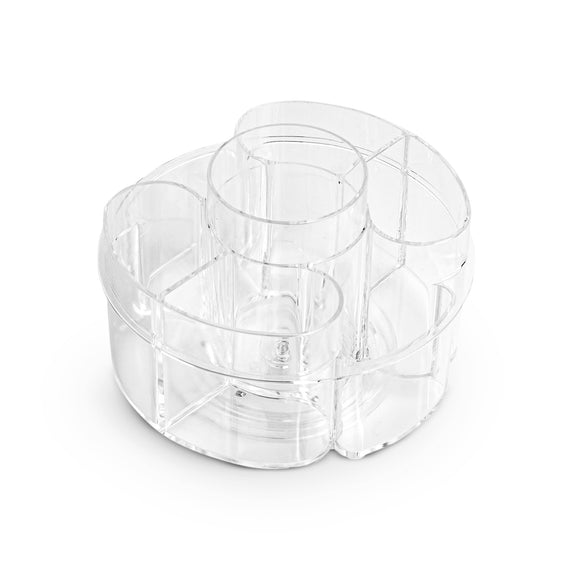 Masirs Small Rotating Makeup Organizer - A Mini Yet Spacious Cosmetic Storage Solution with Multiple Compartments. The Perfect Spinning Make-Up Caddy for Vanity or Bathroom Counter. (Round - Clear)