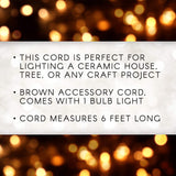 Darice Accessory Cord with One Bulb Light, 6’ Cord, Brown – Single Bulb