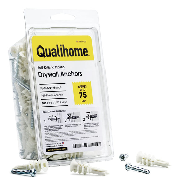 #8 Self Drilling Drywall Plastic Anchors with Screws - No Pre Drill Hole Preparation Required - 75 Lbs (100 Pack)