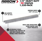 Arrow 504 Heavy Duty T50 1/4-Inch Leg Length, 3/8-Inch Crown, Staples for Upholstery, Construction, Furniture, Crafts, 1250-Pack