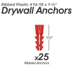 Premium Quality Ribbed Plastic Drywall Wall Anchors, (#16-18 x 1-1/2")