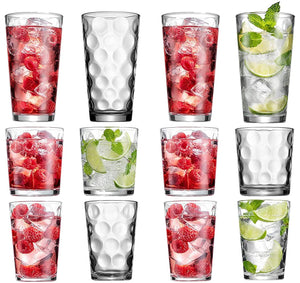 Elegant Glassware Set - 12 Piece Tumbler Drinking Glasses - Set of 4-17oz Highball Glasses, 4-13oz DOF Rock Glasses, 4-7oz Juice Glasses for Mixed Drinks, Water, Juice, Beer, Wine, Hurricane Glasses