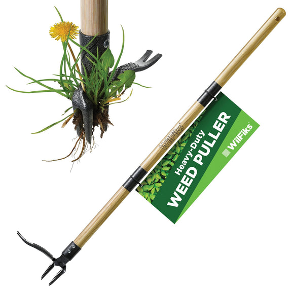 Weed Puller Tool, Stand Up Heavy Duty Weed Remover Tool, Foot Platform Design - Real Bamboo Long Handle - 4 Claw Steel Head Weeder Tool, Garden Hand Weeding Tool Smoothly Remove Weeds Without Kneeling