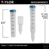 Taylor 7 inch Capacity Easy to Read Break and Freeze Proof Flexible Silicone Rain Gauge, Post Mount or Ground Stake, Teal