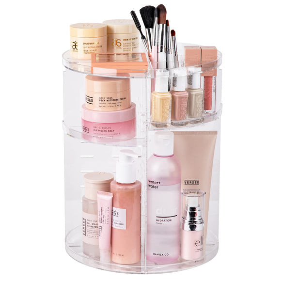 Rotating Makeup Organizer - Adjustable Shelf Height and Fully Rotatable, The Perfect Round Spinning Cosmetic Organizer for Bedroom Dresser or Vanity Countertop Storage. (Clear)