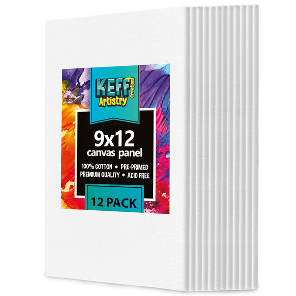 KEFF Canvas Boards for Painting - 9x12 12-Pack Art Paint Canvases - Bulk Set Canvas Panels - 100% Cotton Primed Painting Supplies for Acrylic, Oil, Watercolor & Tempera