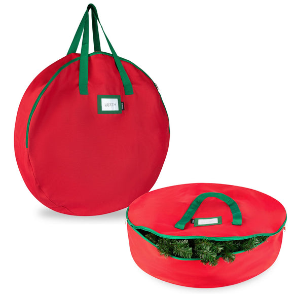 Christmas Wreath Storage Bag- 2-Pack - Durable Tarp Material, Zippered, Reinforced Handle and Easy to Slip The Wreath in and Out. Protect Your Holiday Wreath from Dust, Insects, and Moisture. (RED)