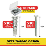 Qualihome Zinc Self Drilling Drywall Anchor Hollow Wall Anchor Kit With Screws - Metal Self Drilling Drywall Anchors With Wide Screw Fins - #8 Zinc Drywall Anchors Heavy Duty (10 Pack)