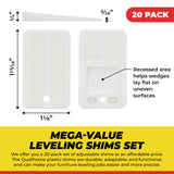 Qualihome Plastic Shims for Leveling - Flexible Plastic Shim - Strong Plastic Wedge Set - Nonslip Furniture Levelers - Multi-Purpose Plastic Wedges, Table Stabilizers, Toilet Shims – White, 20-Pack