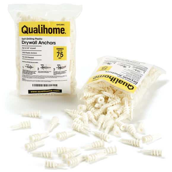 Qualihome Self Drilling Drywall Anchors - Plastic Anchors for Drywall, Gypsum Wallboard, Sheetrock - Screw Anchors for Multiple Wall Hanging Items - No Pre Drilling Required - 75 Lbs. (200 Pack)