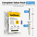 #8 Self Drilling Drywall Plastic Anchors with Screws - No Pre Drill Hole Preparation Required - 75 Lbs (100 Pack)