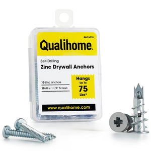 Qualihome Zinc Self Drilling Drywall Anchor Hollow Wall Anchor Kit With Screws - Metal Self Drilling Drywall Anchors With Wide Screw Fins - #8 Zinc Drywall Anchors Heavy Duty (10 Pack)