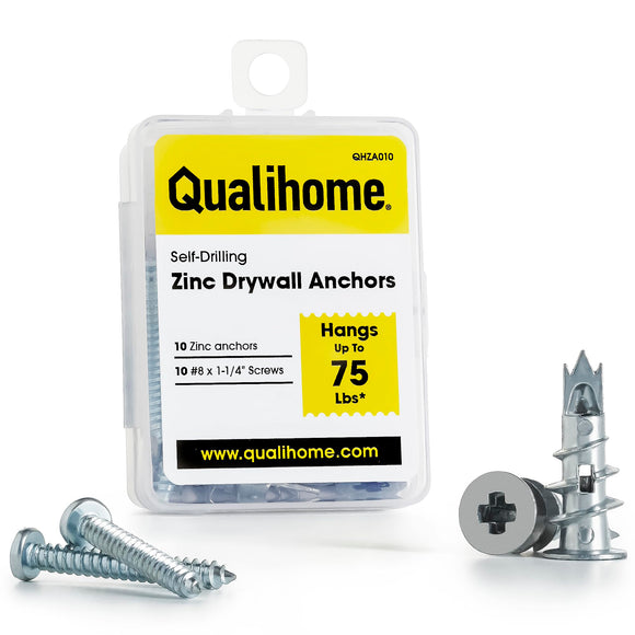 Qualihome Zinc Self Drilling Drywall Anchor Hollow Wall Anchor Kit With Screws - Metal Self Drilling Drywall Anchors With Wide Screw Fins - #8 Zinc Drywall Anchors Heavy Duty (10 Pack)