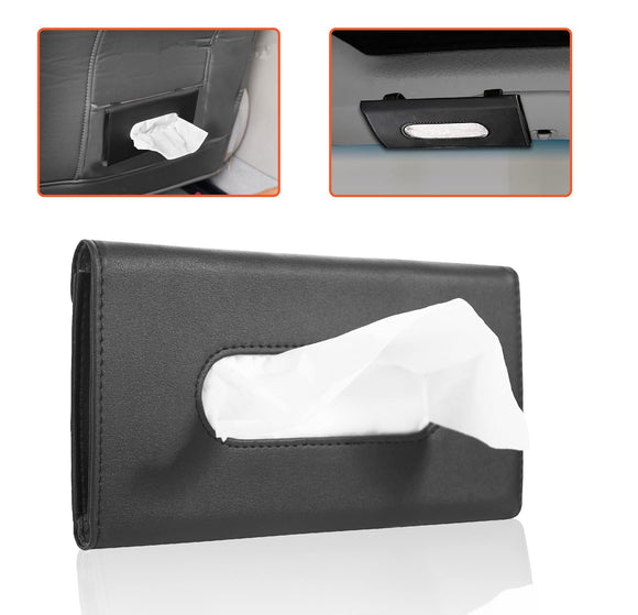 Trobo Car Tissue Holder for Sun Visor, Clip On Hanging Tissue Case for Backseat Or Car Door Pocket, PU Leather Car Visor Napkin Dispenser, Bonus Pack of Napkins Included, Mask Holder for Car, Black