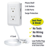 Ontel Presto Plug Outlet Extender for Relocating Unreachable Power Outlets, 4ft Cord, Sticks Easily on Wall, Provides Surge Protection, 2 AC Outlets, 2 USB Ports & Built-in Shelf