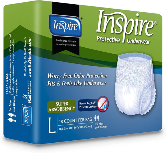 Inspire Adult Diaper Incontinence Underwear, Large, 18 Count