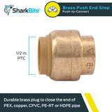 SharkBite 1/2 Inch Push Cap, Push to Connect Brass Plumbing Fitting, PEX Pipe, Copper, CPVC, PE-RT, HDPE, U514LFA