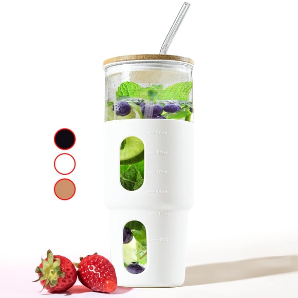 32oz Glass Tumbler with Straw & Bamboo Lid with Silicone Sleeve, Reusable Boba Smoothie Cup Iced Coffee Tumbler, Fits Cup Holder, Glass Water Bottle, BPA Free Beer Mug & Stein White.