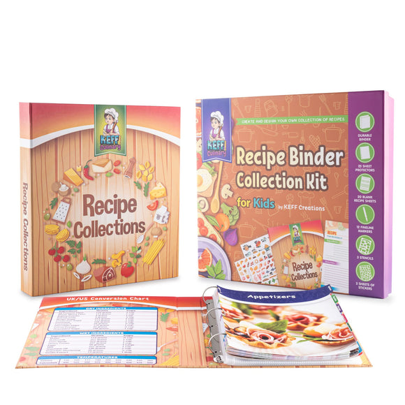 KEFF Recipe Binder Kit for Kids - Recipe Book To Write In Your Own Recipes - Cookbook Binder Organizer with Blank Recipe Cards, Card Holders, Dividers, Markers, Stencils & Stickers - 8.5x11