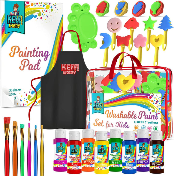 KEFF Washable Paint Set for Kids and Toddler - Finger Painting Kit for Toddlers with Non Toxic Washable Tempera, Brushes, Palette, Apron & More Art and Crafts Supplies - 30 Pcs