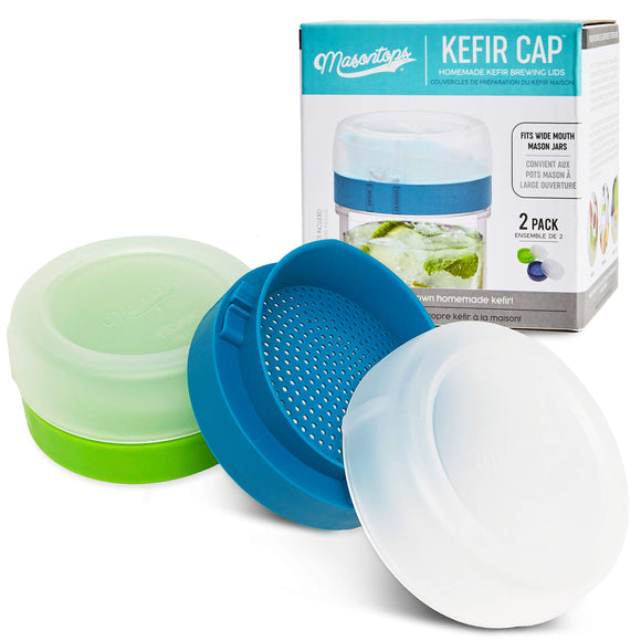 Masontops Complete Kefir Starter Kit - With Plastic Strainer Cap, Kefir Grains & Specialty Sugar - Wide Mouth Size