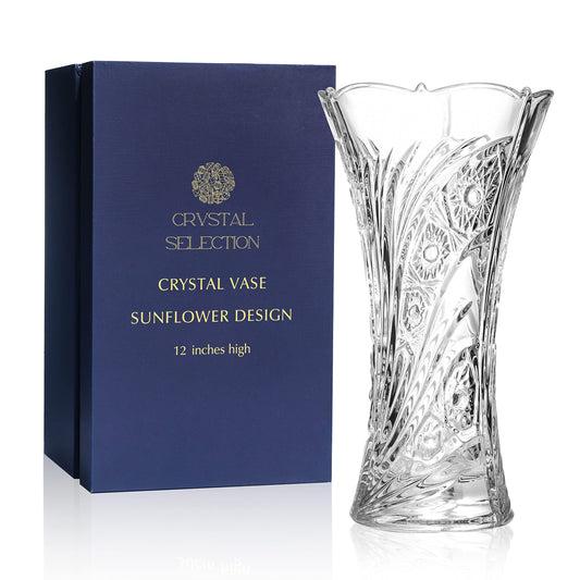 Crystal Clear Crystal Vase,, 12'' high, for Flowers & Decor, Sunflower Design, Lovely Nice Shiny Piece, Suitable for All Occasions, Perfect as a Gift,
