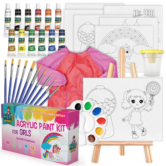 KEFF Kids Painting Set for Girls � Acrylic Paint Set for Kids - Art Supplies Kit with Pre Drawn Canvases, Non Toxic Paints, Wooden Easel, Paint Brushes, Palette & Pink Smock