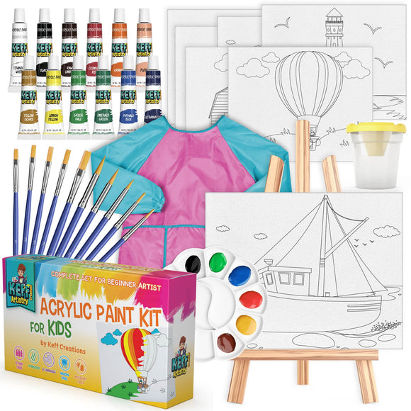 KEFF Kids Painting Set - Acrylic Paint Set for Kids - Art Supplies Kit with Pre Drawn Canvases, Non Toxic Paints, Easel, Brushes, Palette & Blue with Pink Smock for Boys & Girls