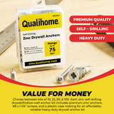 Qualihome Zinc Self Drilling Drywall Anchor Hollow Wall Anchor Kit With Screws - Metal Self Drilling Drywall Anchors With Wide Screw Fins - #8 Zinc Drywall Anchors Heavy Duty (10 Pack)